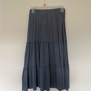 Passport Dusty Blue Tiered Midi Skirt with Drawstring Waistband